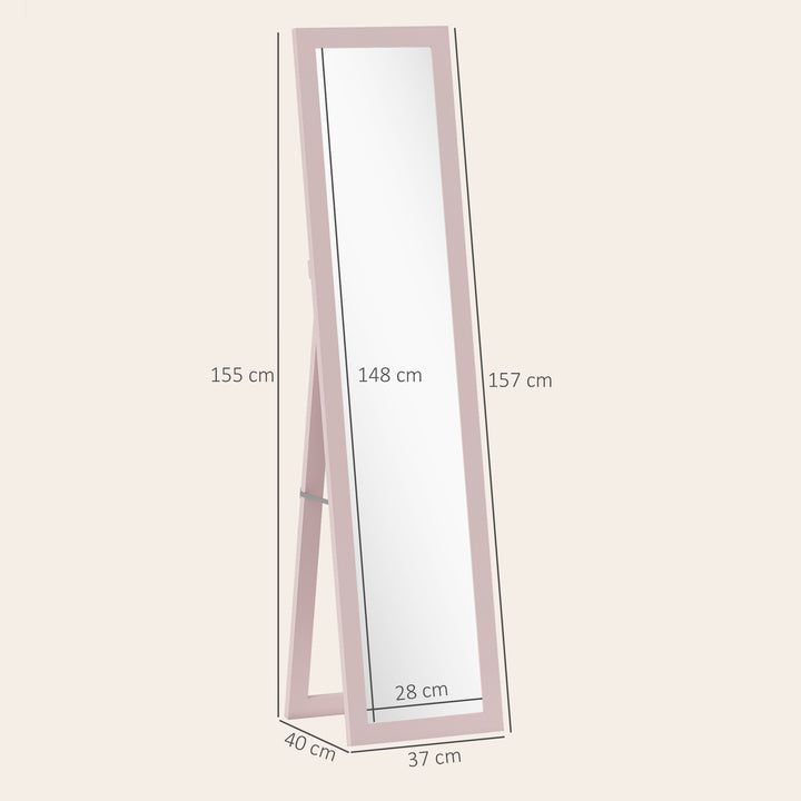 Espelho de Corpo Inteiro 37x155 cm Espelho de Pé Espelho de Parede Retangular com Estrutura de Madeira Decorativo para Sala de Estar Dormitório Corredor Rosa Claro