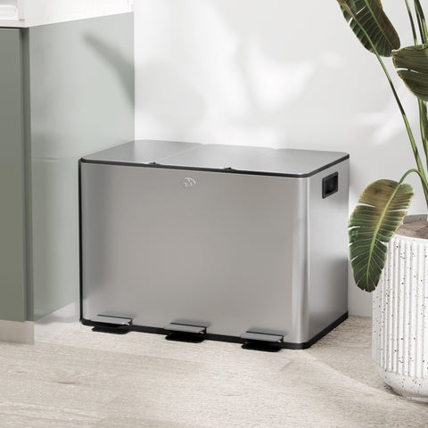 Balde de Lixo de Cozinha com 3 Compartimentos 3x10L Cubo de Lixo de Aço Inoxidável com Pedais Tampas com Fechamento Suave e Cubo Amovível para Escritório Cozinha Prata