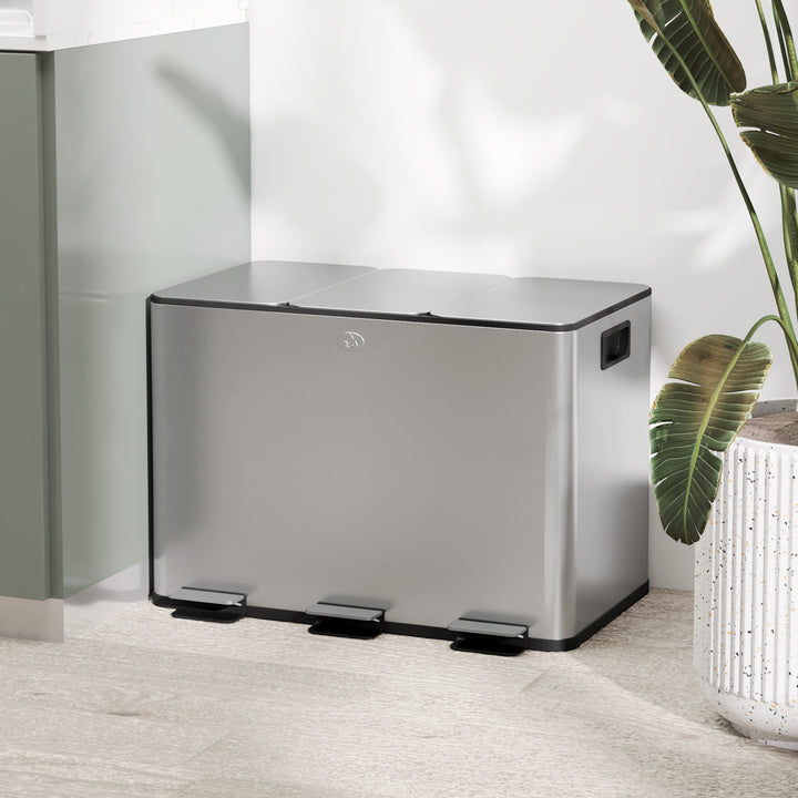 Balde de Lixo de Cozinha com 3 Compartimentos 3x10L Cubo de Lixo de Aço Inoxidável com Pedais Tampas com Fechamento Suave e Cubo Amovível para Escritório Cozinha Prata