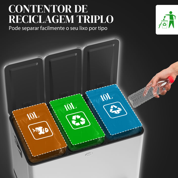 Balde de Lixo de Cozinha com 3 Compartimentos 3x10L Cubo de Lixo de Aço Inoxidável com Pedais Tampas com Fechamento Suave e Cubo Amovível para Escritório Cozinha Prata