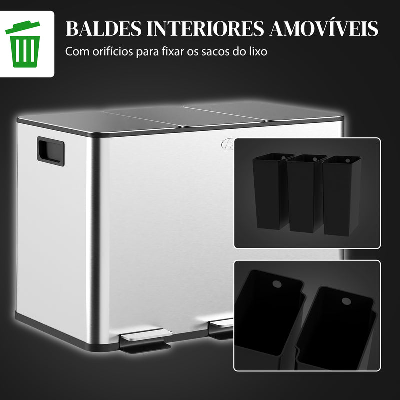 Balde de Lixo de Cozinha com 3 Compartimentos 3x10L Cubo de Lixo de Aço Inoxidável com Pedais Tampas com Fechamento Suave e Cubo Amovível para Escritório Cozinha Prata