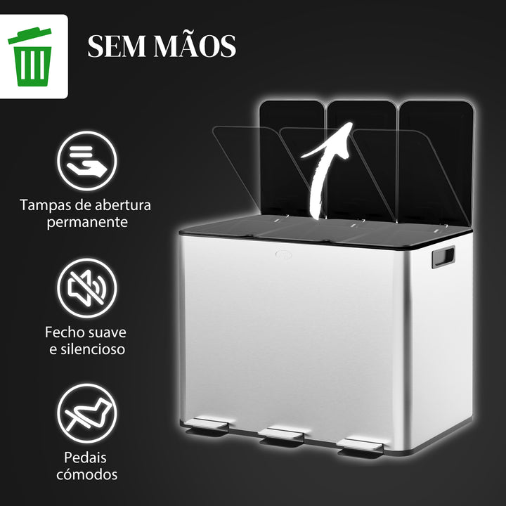 Balde de Lixo de Cozinha com 3 Compartimentos 3x10L Cubo de Lixo de Aço Inoxidável com Pedais Tampas com Fechamento Suave e Cubo Amovível para Escritório Cozinha Prata
