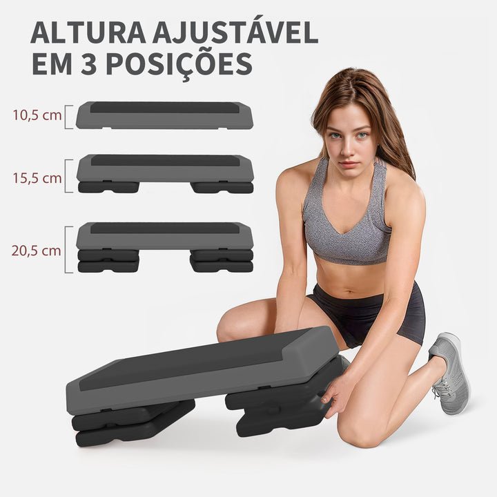 Step de Aeróbica Step para Fitness Antideslizante Altura Regulável 3 Níveis de 10,5/15,5/20,5 cm Capacidade 250 kg para Exercício em Casa Ginásio 77x36x20,5 cm Cinza e Preto