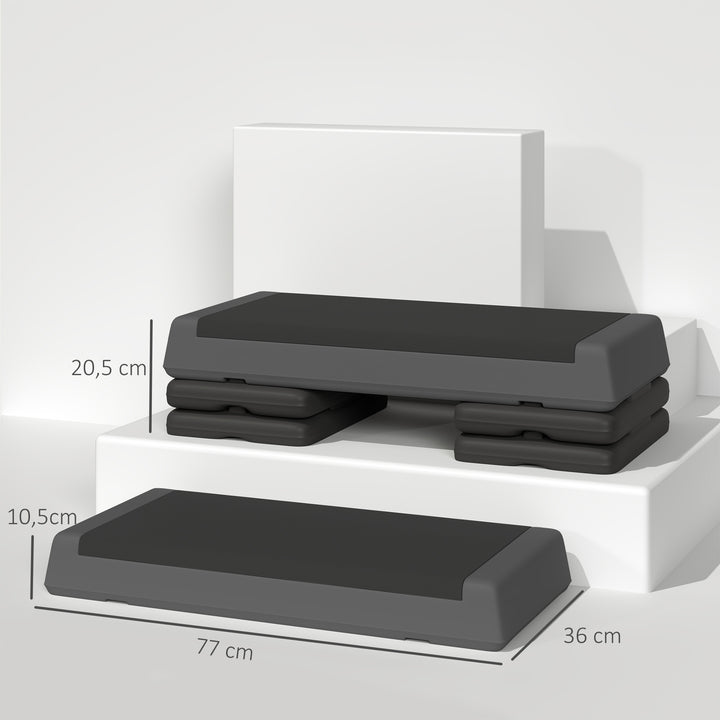 Step de Aeróbica Step para Fitness Antideslizante Altura Regulável 3 Níveis de 10,5/15,5/20,5 cm Capacidade 250 kg para Exercício em Casa Ginásio 77x36x20,5 cm Cinza e Preto
