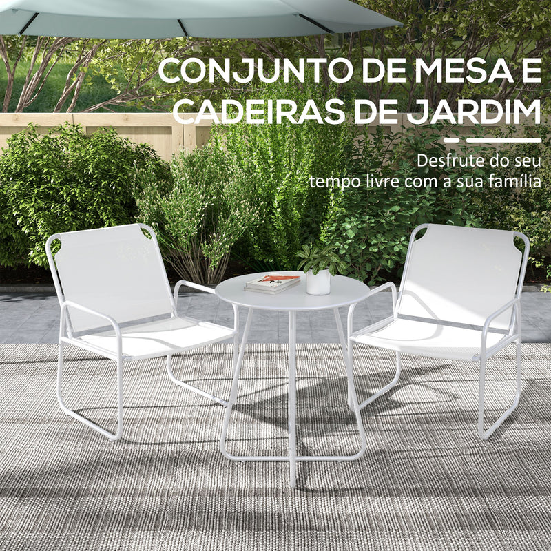 Conjunto de Móveis de Jardim Conjunto de 1 Mesa Redonda e 2 Cadeiras de Varanda com Estrutura de Aço Apoio para os Braços e Pés com Almofadas Ajustáveis para Varanda Pátio Branco