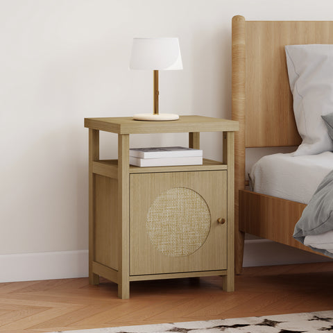 Mesa de Cabeceira com Porta de Vime Mesa de Cabeceira com Prateleira Aberta e Compartimento Móvel Auxiliar para Quarto Sala 40x35x55 cm Madeira