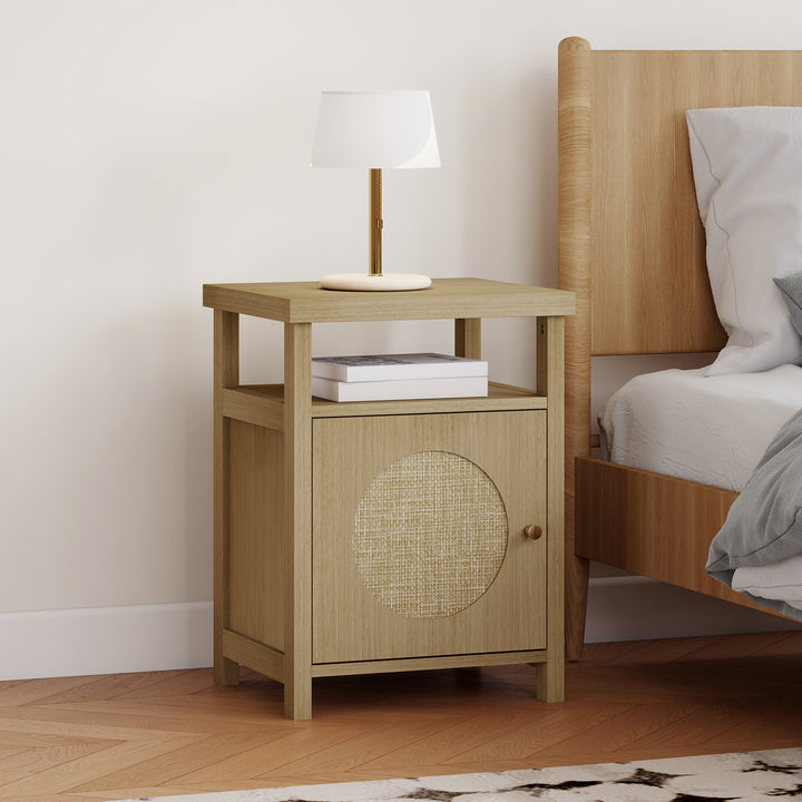 Mesa de Cabeceira com Porta de Vime Mesa de Cabeceira com Prateleira Aberta e Compartimento Móvel Auxiliar para Quarto Sala 40x35x55 cm Madeira