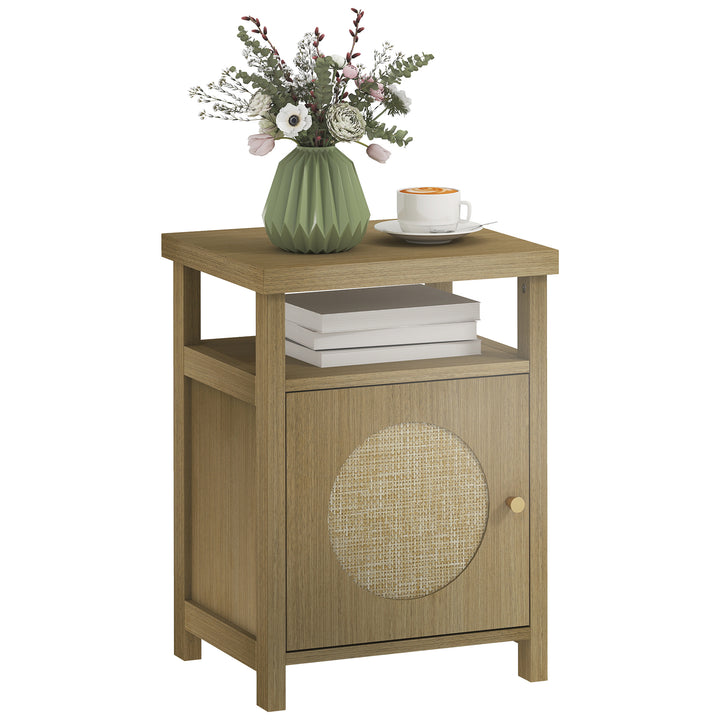 Mesa de Cabeceira com Porta de Vime Mesa de Cabeceira com Prateleira Aberta e Compartimento Móvel Auxiliar para Quarto Sala 40x35x55 cm Madeira