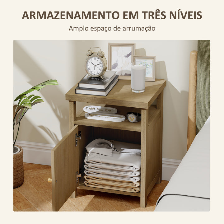 Mesa de Cabeceira com Porta de Vime Mesa de Cabeceira com Prateleira Aberta e Compartimento Móvel Auxiliar para Quarto Sala 40x35x55 cm Madeira