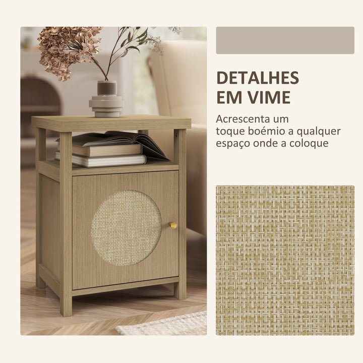 Mesa de Cabeceira com Porta de Vime Mesa de Cabeceira com Prateleira Aberta e Compartimento Móvel Auxiliar para Quarto Sala 40x35x55 cm Madeira