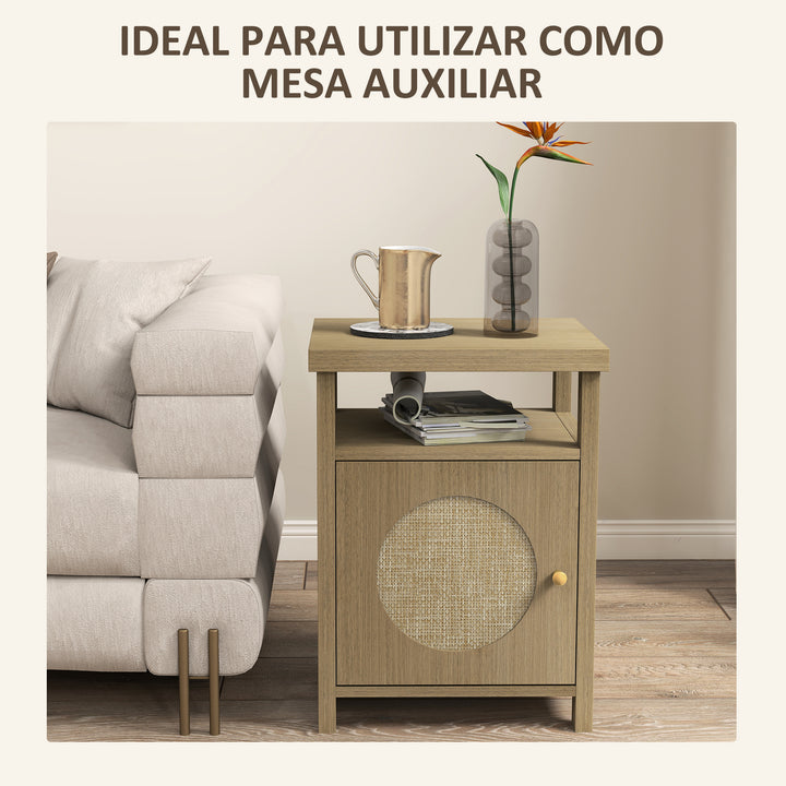 Mesa de Cabeceira com Porta de Vime Mesa de Cabeceira com Prateleira Aberta e Compartimento Móvel Auxiliar para Quarto Sala 40x35x55 cm Madeira