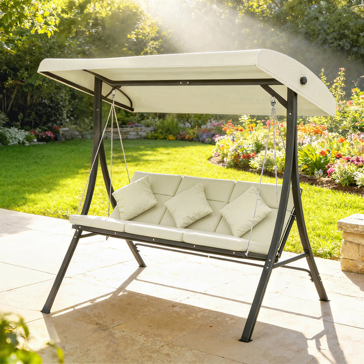 Baloiço de Jardim Exterior de 3 Lugares Baloiço com Toldo Ajustável Almofadas e Estrutura de Aço para Terraço ou Jardim Suporta até 320 kg 202x115x168 cm Bege