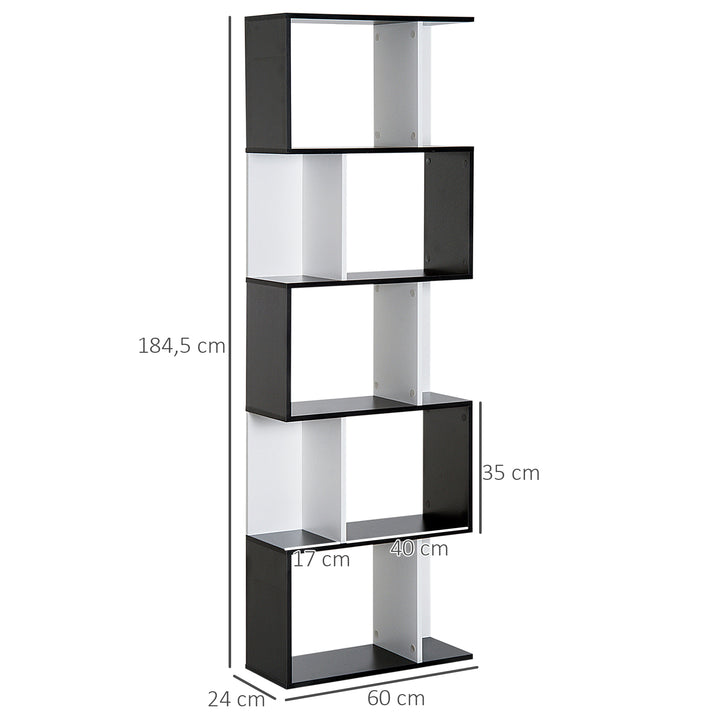 Estante para Livros Estante Alta de Parede com 5 Níveis em Forma de S Desenho Moderno para Sala de Estar Escritório 60x24x184,5 cm Branco e Preto