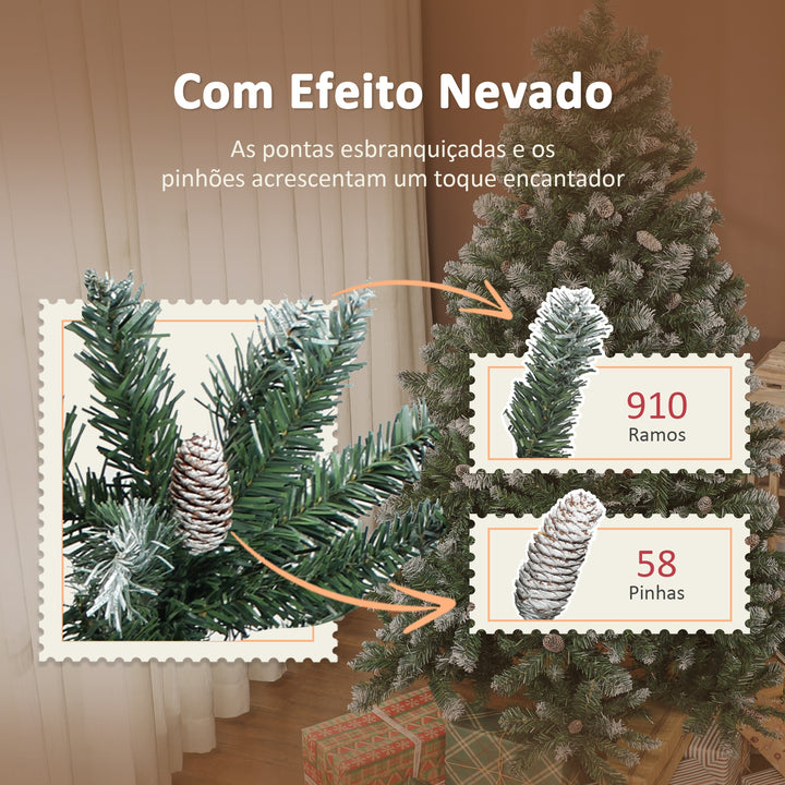 Árvore de Natal Artificial 180 cm Árvore de Natal com 910 Ramos com Efeito Neve 58 Pinhas e Suporte Metálico Dobrável Montagem Fácil para Sala Interior Verde