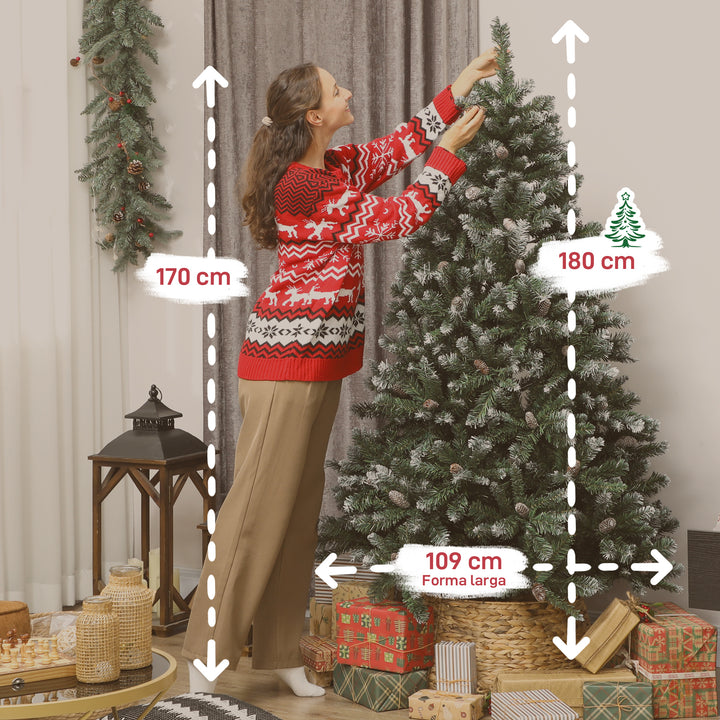 Árvore de Natal Artificial 180 cm Árvore de Natal com 910 Ramos com Efeito Neve 58 Pinhas e Suporte Metálico Dobrável Montagem Fácil para Sala Interior Verde