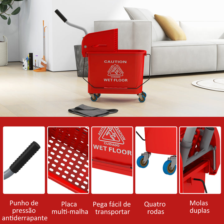 Balde de Limpeza 20L com Rodas e Espremedor Balde para Esfregona com Separador de Água 60x27x70,5 cm Vermelho