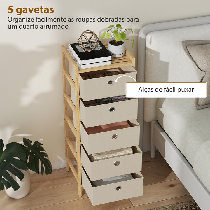 Cómoda com 5 Gavetas em Tecido, Estrutura de Bambu, Ideal para Espaços Pequenos, Sala, Escritório ou Closet, Creme e Madeira