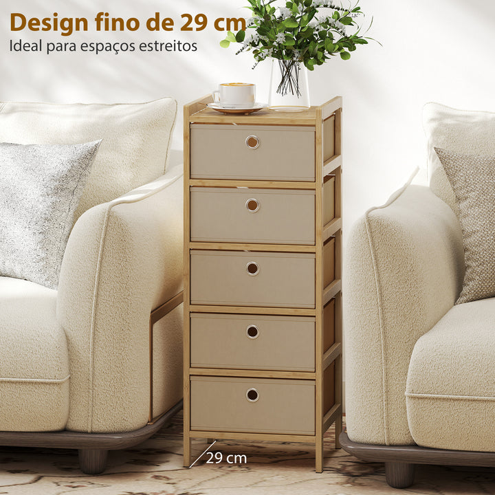 Cómoda com 5 Gavetas em Tecido, Estrutura de Bambu, Ideal para Espaços Pequenos, Sala, Escritório ou Closet, Creme e Madeira