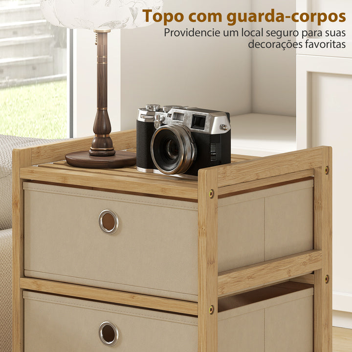 Cómoda com 5 Gavetas em Tecido, Estrutura de Bambu, Ideal para Espaços Pequenos, Sala, Escritório ou Closet, Creme e Madeira