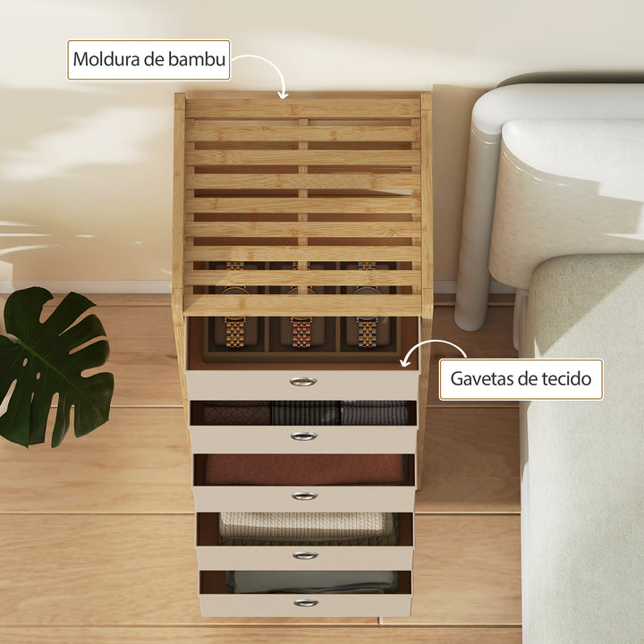 Cómoda com 5 Gavetas em Tecido, Estrutura de Bambu, Ideal para Espaços Pequenos, Sala, Escritório ou Closet, Creme e Madeira