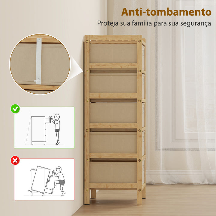 Cómoda com 5 Gavetas em Tecido, Estrutura de Bambu, Ideal para Espaços Pequenos, Sala, Escritório ou Closet, Creme e Madeira