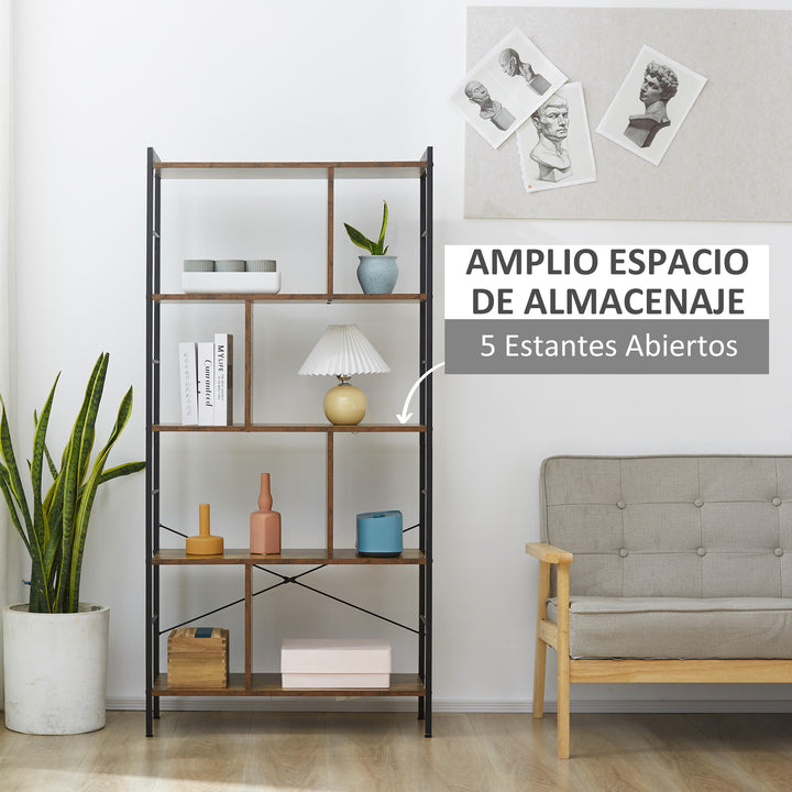 Estante para Livros de 4 Níveis com 8 Compartimentos de Armazenamento Estilo Industrial para Sala de Estar Escritório Dormitório 74x30x157,5cm Marrom Rústico