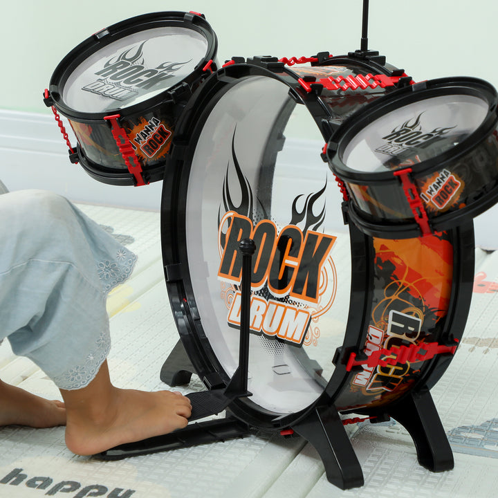 Bateria Infantil com Banco Bateria para Crianças acima de 3 Anos com Tambores Bumbo Prato e Baquetas para Iniciantes 59,5x31,5x59 cm Preto