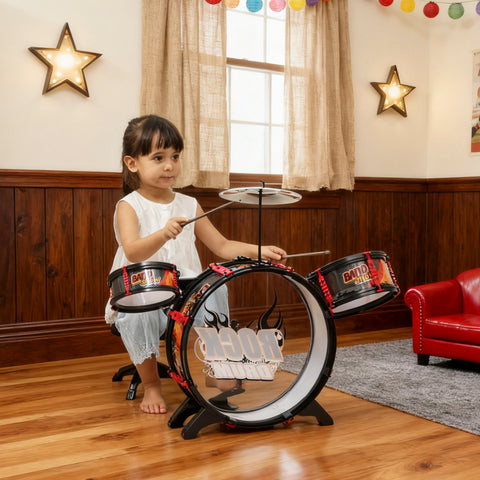 Bateria Infantil com Banco Bateria para Crianças acima de 3 Anos com Tambores Bumbo Prato e Baquetas para Iniciantes 59,5x31,5x59 cm Preto