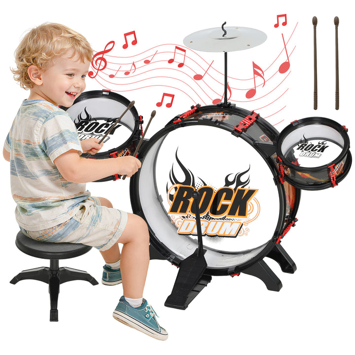 Bateria Infantil com Banco Bateria para Crianças acima de 3 Anos com Tambores Bumbo Prato e Baquetas para Iniciantes 59,5x31,5x59 cm Preto