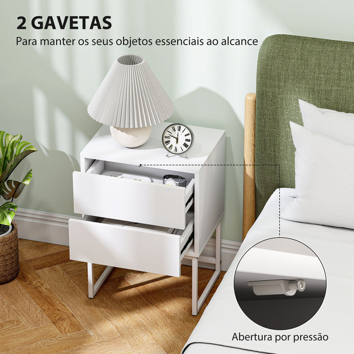 Conjunto de 2 Mesas de Cabeceira Estreitas Mesas de Cabeceira Quarto com 2 Gavetas Abertura por Pressão e Pés de Aço Estilo Moderno 40x30x55 cm Branco
