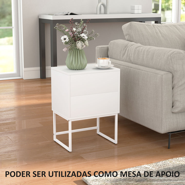 Conjunto de 2 Mesas de Cabeceira Estreitas Mesas de Cabeceira Quarto com 2 Gavetas Abertura por Pressão e Pés de Aço Estilo Moderno 40x30x55 cm Branco