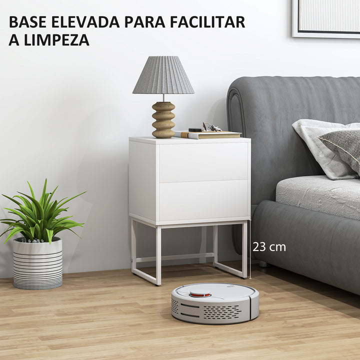 Conjunto de 2 Mesas de Cabeceira Estreitas Mesas de Cabeceira Quarto com 2 Gavetas Abertura por Pressão e Pés de Aço Estilo Moderno 40x30x55 cm Branco