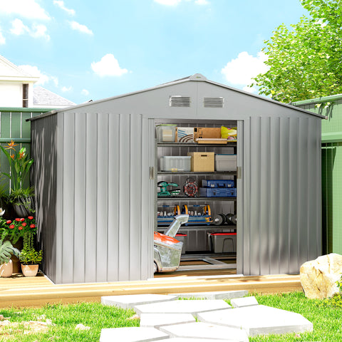 Abrigo de Jardim Exterior 4,9 m² 277x195x192cm Abrigo e Jardim Metálico para Armazenamento de Ferramentas com Base Incluída (Chão não Incluído) e 4 Janelas Cinzento