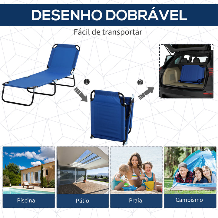 Espreguiçadeira Dobrável de Jardim Reclinável com Toldo Removível e Ângulo Ajustável Encosto Regulável em 4 Níveis para Terraço Piscina Pátio 187x58x36 cm Azul