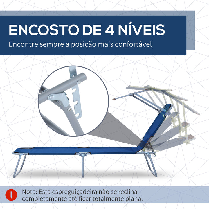 Espreguiçadeira Dobrável de Jardim Reclinável com Toldo Removível e Ângulo Ajustável Encosto Regulável em 4 Níveis para Terraço Piscina Pátio 187x58x36 cm Azul