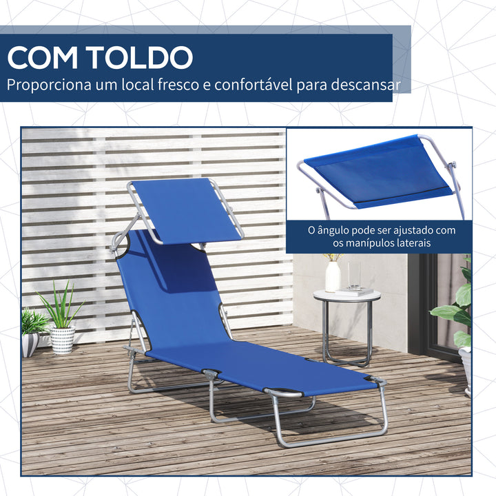 Espreguiçadeira Dobrável de Jardim Reclinável com Toldo Removível e Ângulo Ajustável Encosto Regulável em 4 Níveis para Terraço Piscina Pátio 187x58x36 cm Azul