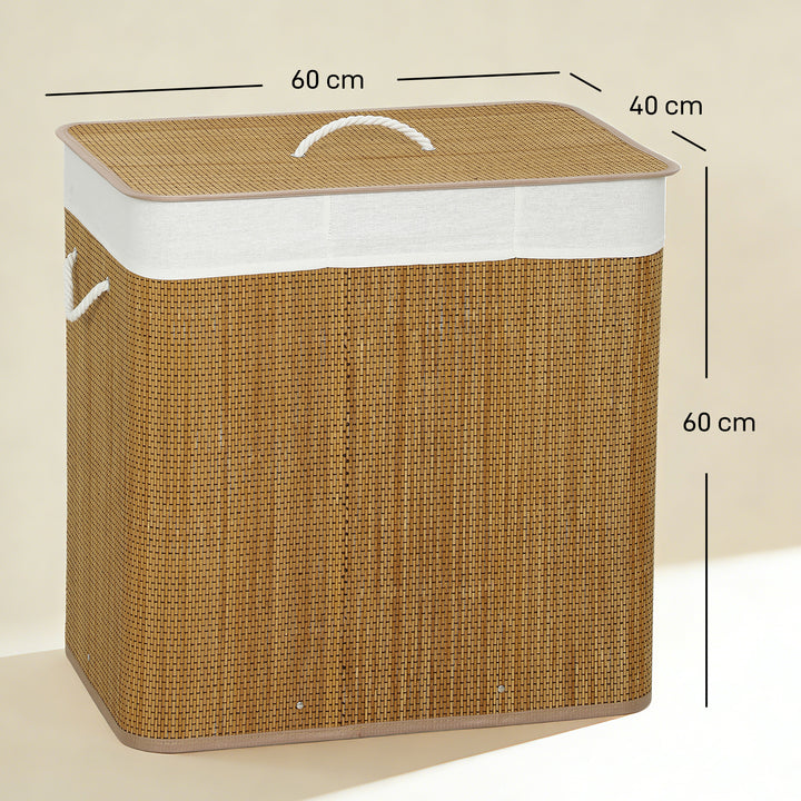 Cesto de Roupa Suja com Tampa 144L Cesto de Roupa Suja de Bambu com 3 Compartimentos Bolsa Interior Removível e Lavável Pegas para Lavandaria Quarto 60x40x60 cm Castanho