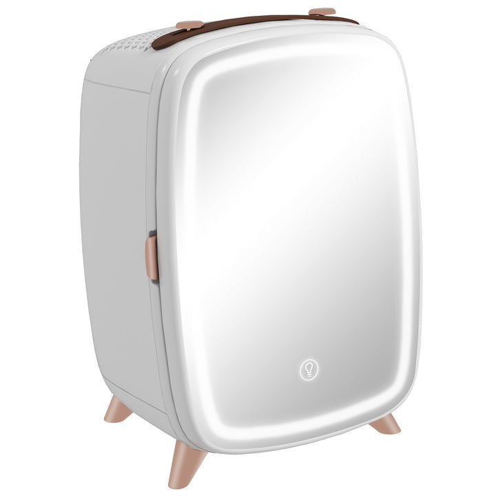 Mini Frigorífico de Cosméticos 6L Frigorífico de 9V com Porta com Espelho e Luz LED Ajustável em 3 Níveis para Beleza Maquilhagem Bebidas 24,3x19,4x35,6 cm Branco