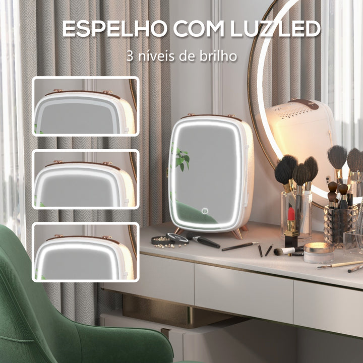 Mini Frigorífico de Cosméticos 6L Frigorífico de 9V com Porta com Espelho e Luz LED Ajustável em 3 Níveis para Beleza Maquilhagem Bebidas 24,3x19,4x35,6 cm Branco