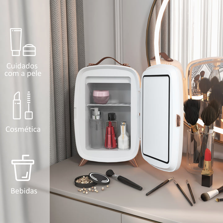 Mini Frigorífico de Cosméticos 6L Frigorífico de 9V com Porta com Espelho e Luz LED Ajustável em 3 Níveis para Beleza Maquilhagem Bebidas 24,3x19,4x35,6 cm Branco