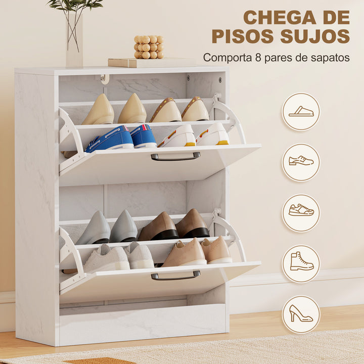 Sapateira Estreita 2 Portas de Alto Brilho Sapateira para Entrada com Prateleiras Ajustáveis Design Mármore para 8 Pares de Sapatos para Corredor Espaços Reduzidos 60x24x80 cm Branco