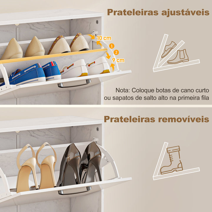 Sapateira Estreita 2 Portas de Alto Brilho Sapateira para Entrada com Prateleiras Ajustáveis Design Mármore para 8 Pares de Sapatos para Corredor Espaços Reduzidos 60x24x80 cm Branco