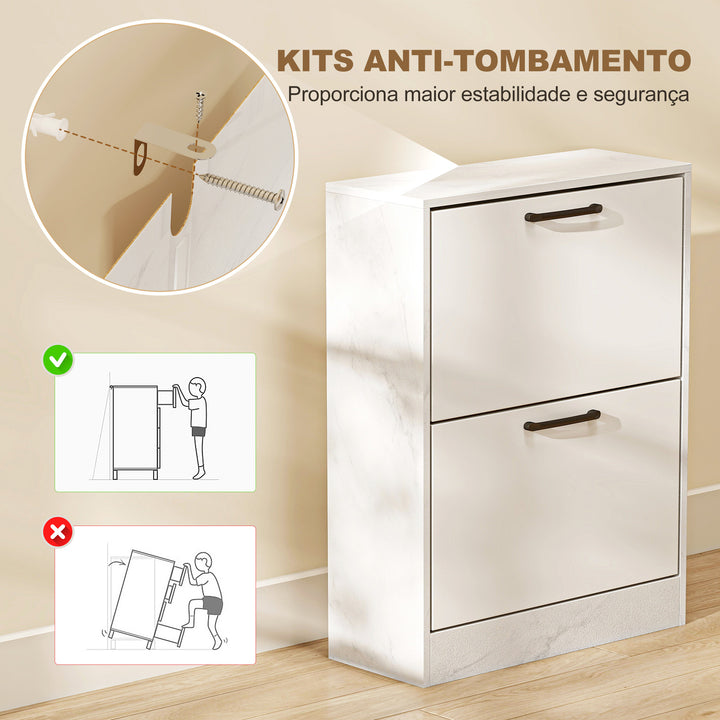 Sapateira Estreita 2 Portas de Alto Brilho Sapateira para Entrada com Prateleiras Ajustáveis Design Mármore para 8 Pares de Sapatos para Corredor Espaços Reduzidos 60x24x80 cm Branco