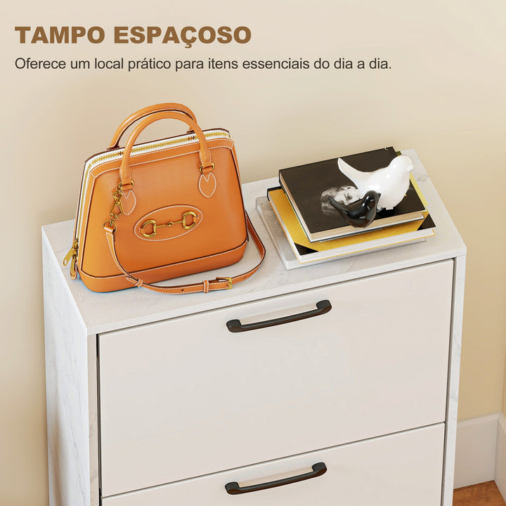 Sapateira Estreita 2 Portas de Alto Brilho Sapateira para Entrada com Prateleiras Ajustáveis Design Mármore para 8 Pares de Sapatos para Corredor Espaços Reduzidos 60x24x80 cm Branco