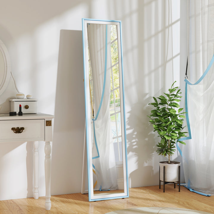 Espelho de Pé 157x37 cm com Moldura em MDF Espelho de Parede Retangular para Pendurar com Suporte 2 Formas de Utilização para Sala de Estar Entrada e Quarto Branco e Azul