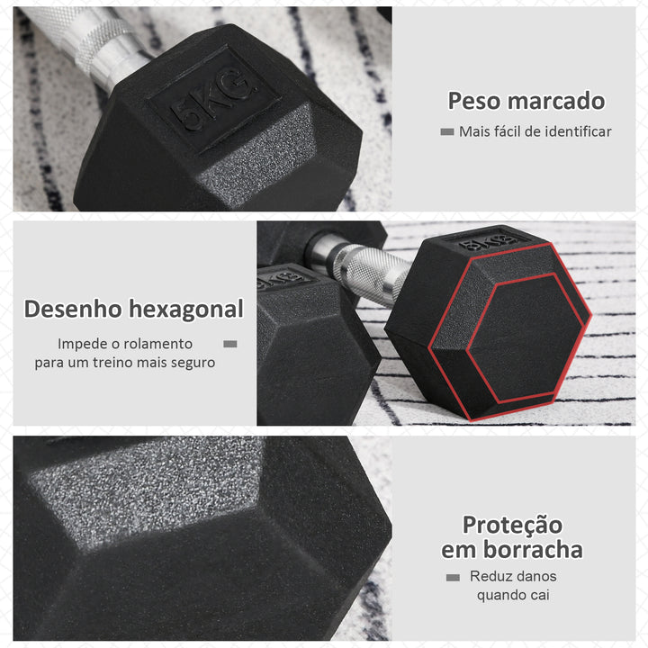 Conjunto de Halteres Hexagonais 2 x 5 kg Conjunto de Pesos com Barras de Conexão Kit de Treino de Fitness para Ginásio em Casa