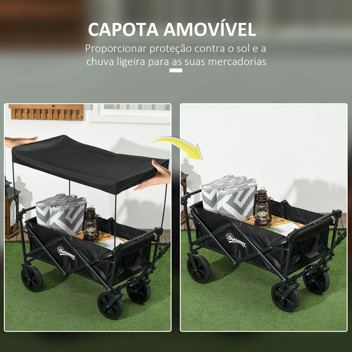 Carrinho de Transporte com Toldo Removível Carrinho Dobrável com Alça Ajustável e Bolsa de Transporte Capacidade 100 kg para Campismo Praia 97x52x105 cm Preto