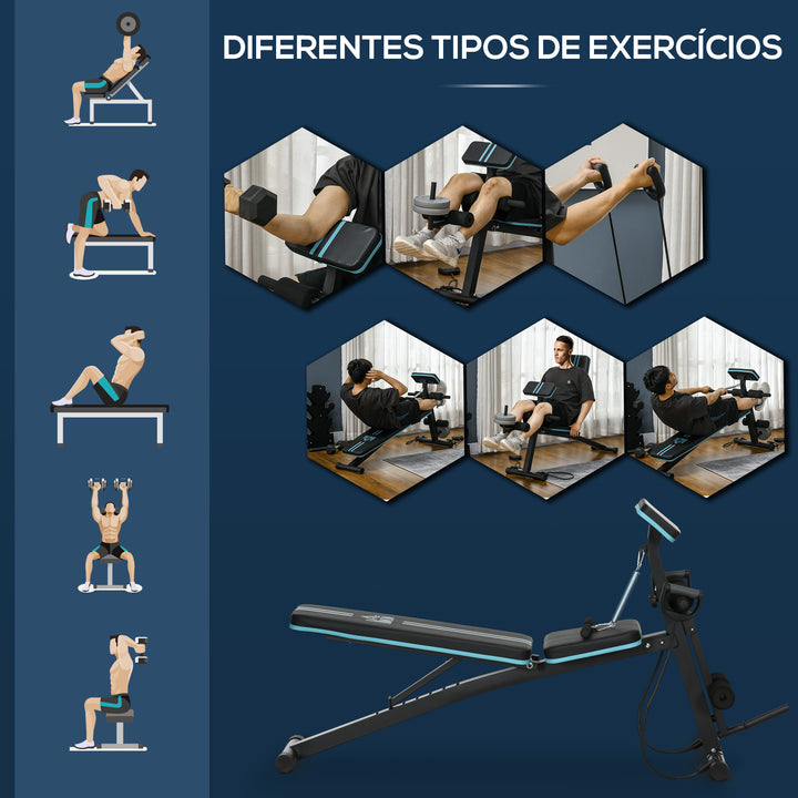 Banco de Musculação com Encosto Ajustável em 7 Posições Extensão de Pernas Apoio para Bíceps e Banda de Resistência para Treino Completo em Casa 54x160x106cm Preto e Azul