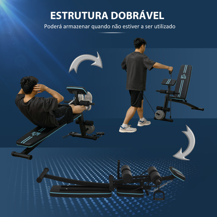 Banco de Musculação com Encosto Ajustável em 7 Posições Extensão de Pernas Apoio para Bíceps e Banda de Resistência para Treino Completo em Casa 54x160x106cm Preto e Azul