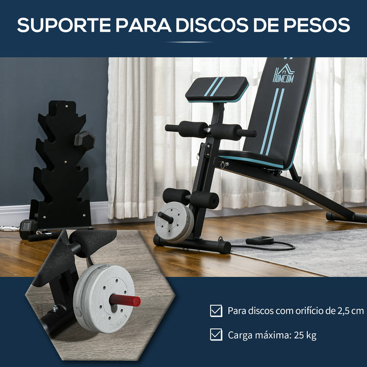 Banco de Musculação com Encosto Ajustável em 7 Posições Extensão de Pernas Apoio para Bíceps e Banda de Resistência para Treino Completo em Casa 54x160x106cm Preto e Azul
